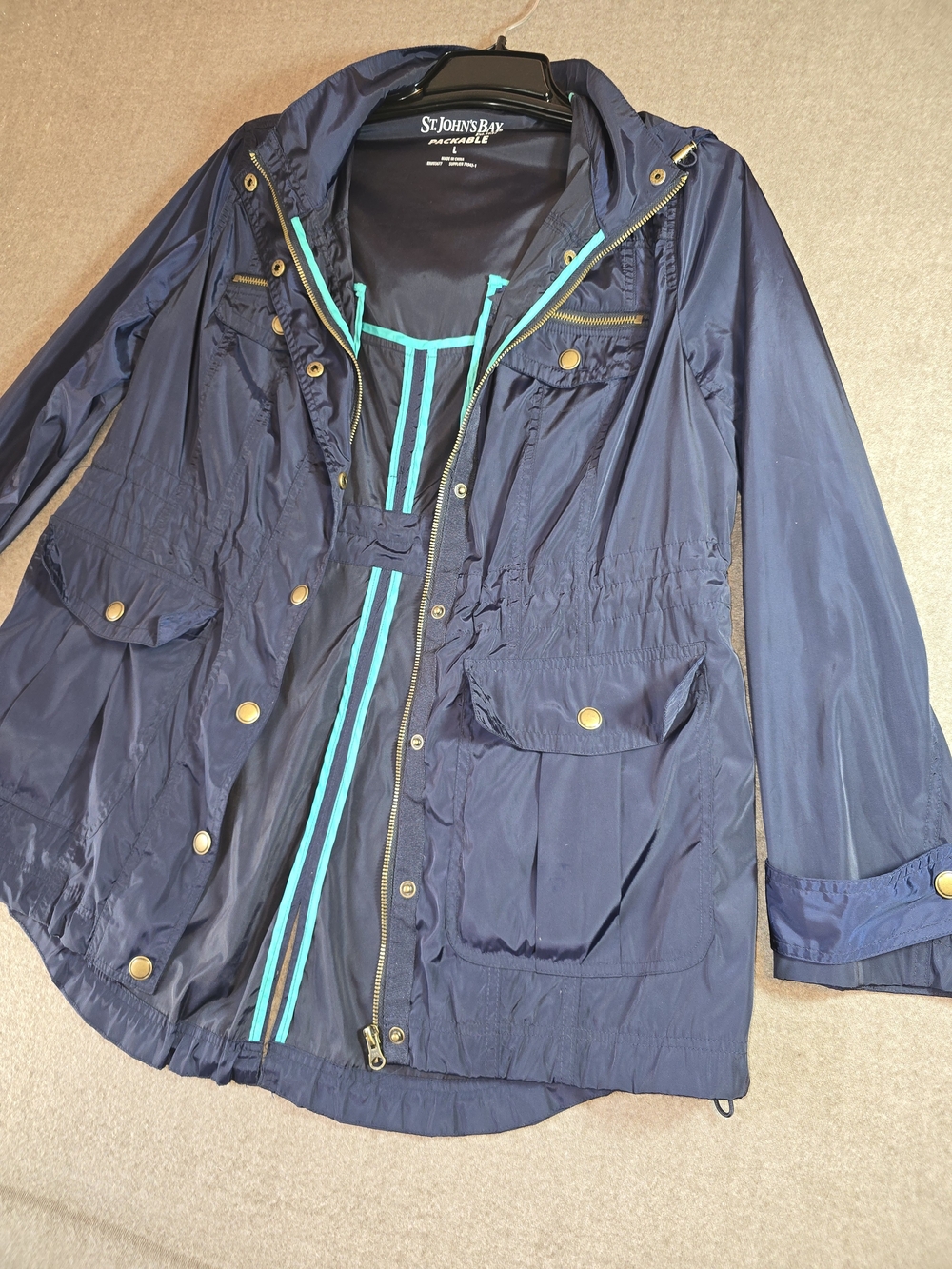 St. John's Bay Navy Windbreaker with Teal Trim Removable Hood Women's Large